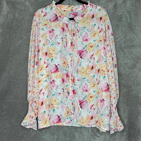 Amazon 2X Shirt Top Pink Floral Flower Bell Long Sleeve Keyhole Round Neck Women - Picture 1 of 7